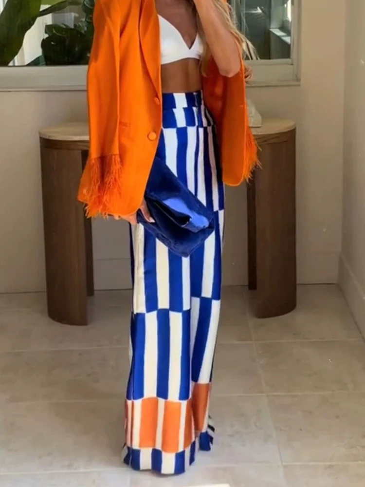 Women Autumn Fashion Striped Printed Casual Trousers Simple Elegant Wide Leg Pants Patchwork Streetwear Holiday Pants for Ladies
