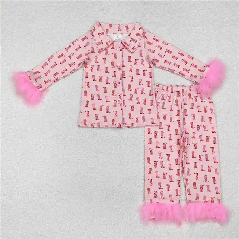 Winter Fashion Baby Girls Santa Claus Snowflake Pink Plush Edge Long Sleeve Long Pajama Set Wholesale Boutique Children RTS