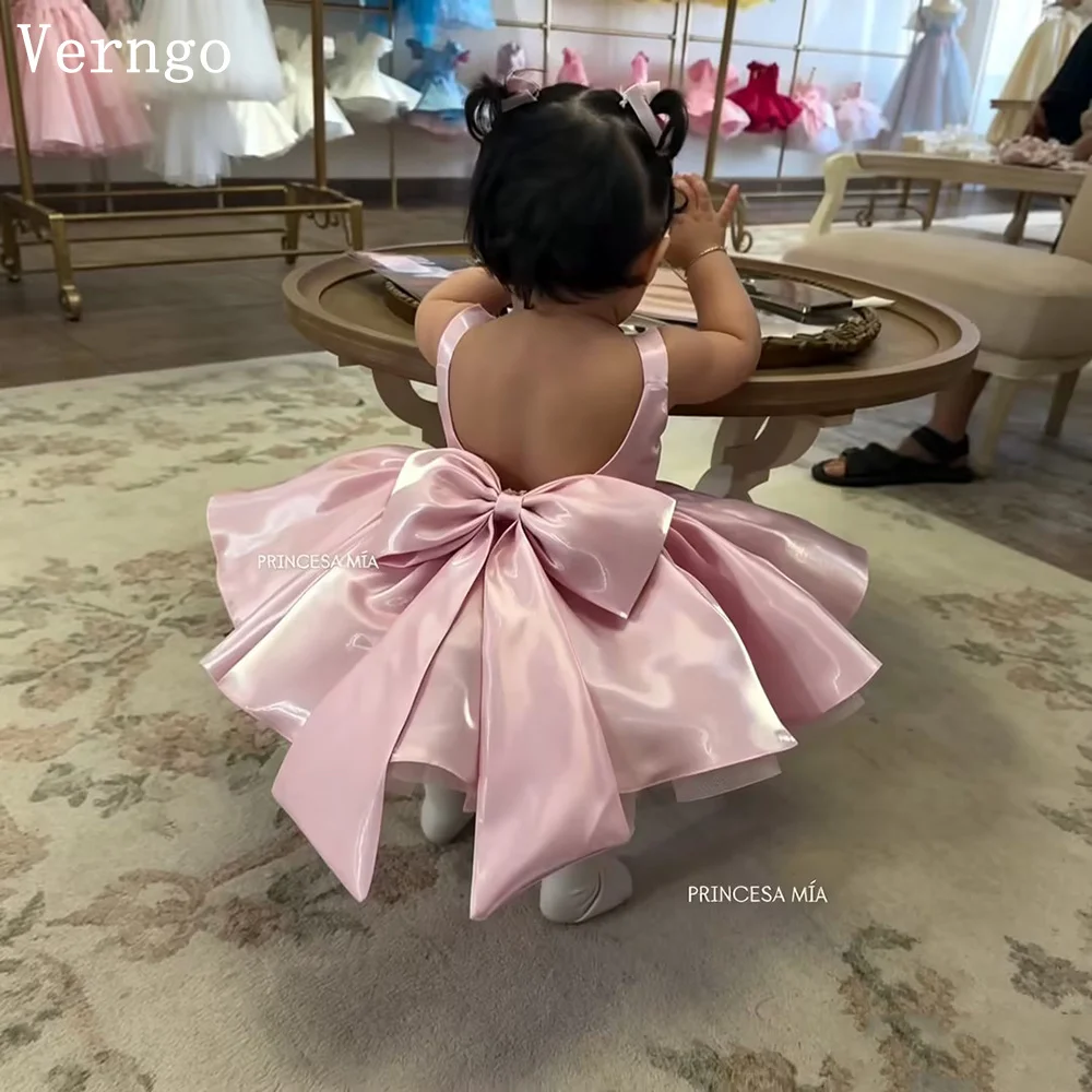 Verngo Pink Shiny Satin Girl Birthday Party Dress Spaghetti Straps A Line Bows Flower Dresses Girl Princess Ball Gown Cus