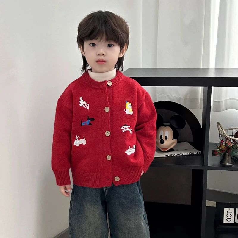 

2025 Winter New Children's Cartoon Embroidered Dog Warm Loose Cardigan