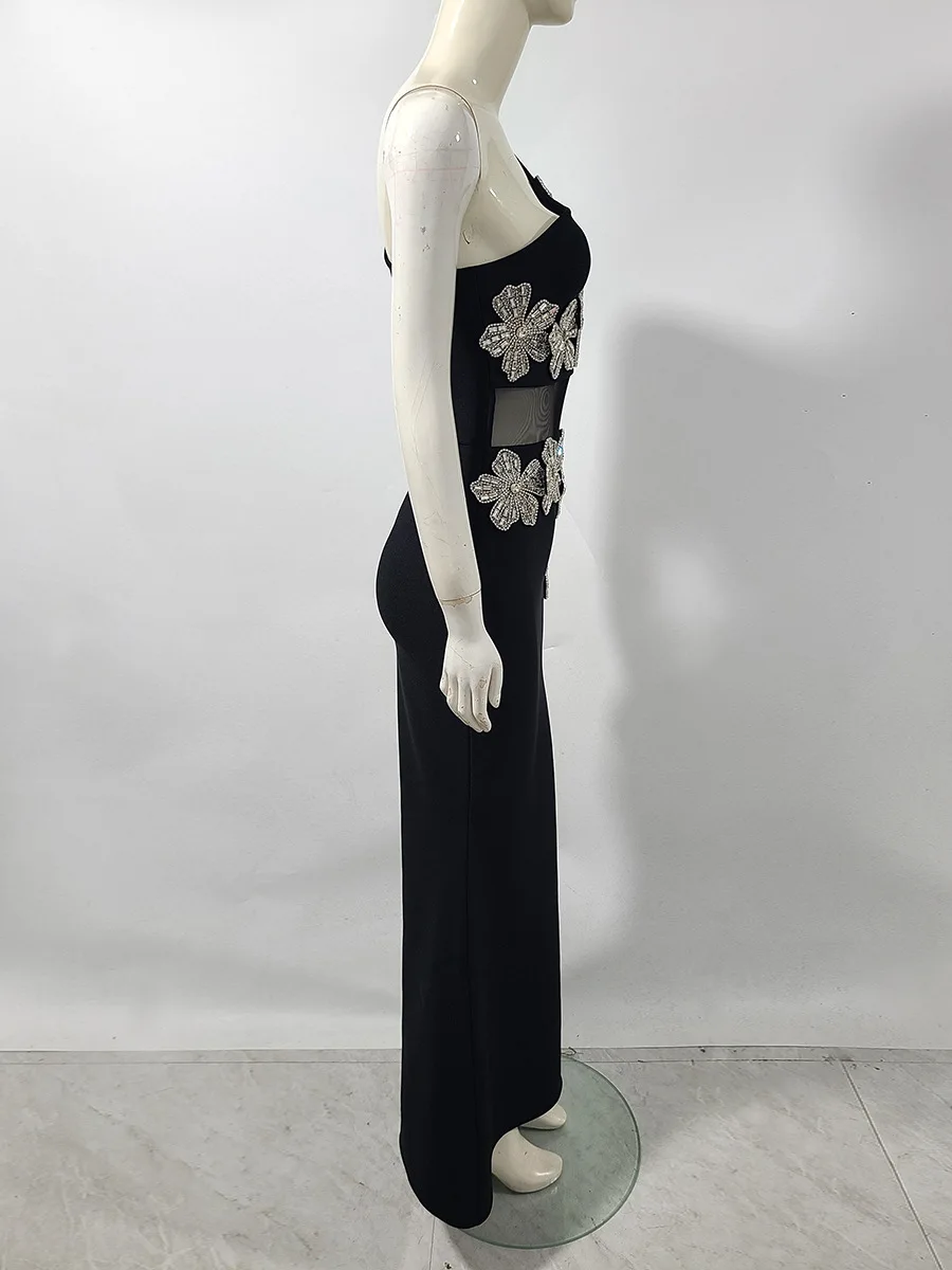 Sukienka damska seksowna, błyszcząca, z kwiatowym wzorem, zdobiona cyrkoniami, z jednym ramieniem, z siateczkowymi wycięciami, długa, czarna, bandażowa, typu syrena, luksusowa suknia wieczorowa na przyjęcie.