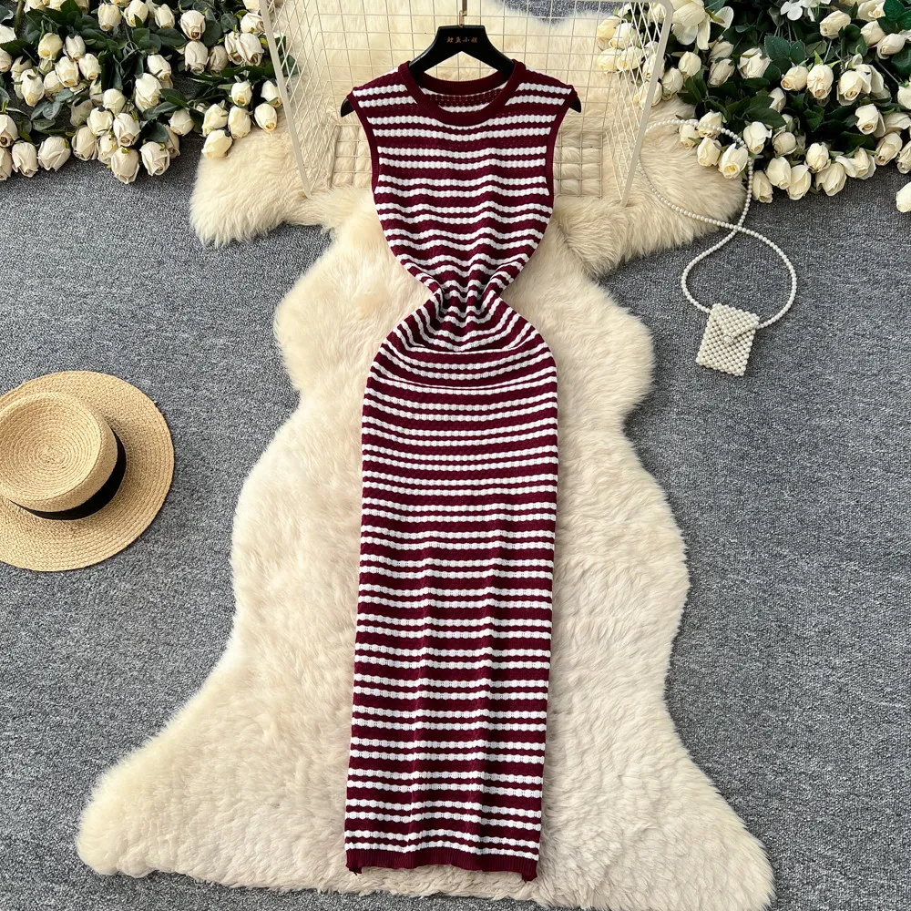 2026 Women's Striped Sleeveless Round Neck Cutout Waist Bodycon Maxi Dress Soft Stretchy Knit Breathable Commute Vacation Dress