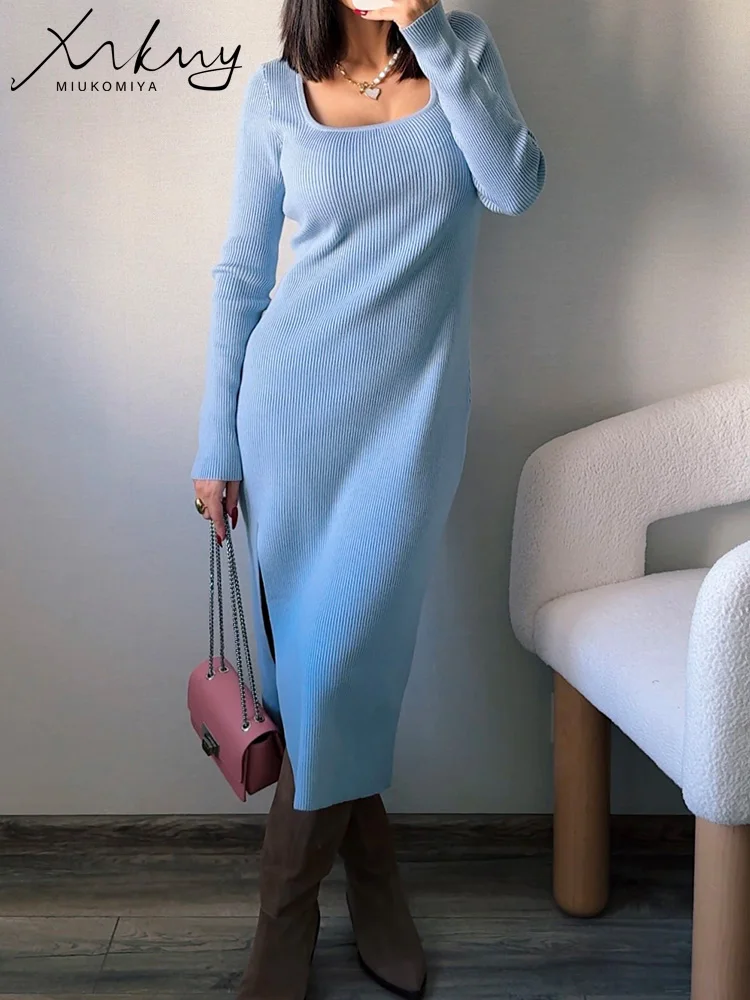 Women Knitted Dress With Side Slit Long Sleeve Solid Elegant Dresses For Ladies Light Blue Big Collar Skinny Long Dresses Autumn