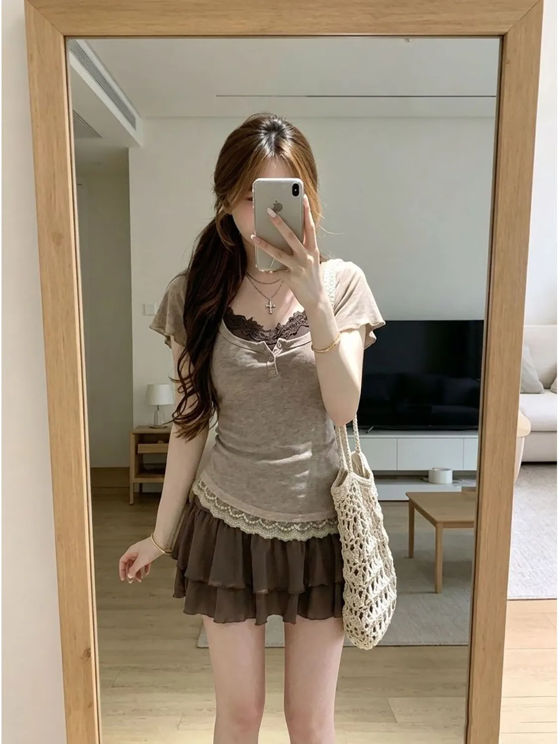 Women's Lace Trim Short Sleeve Cover up Dress Two Piece Set Waist Cinched Halter Neck  Dress Autumn Fashion Ensemble