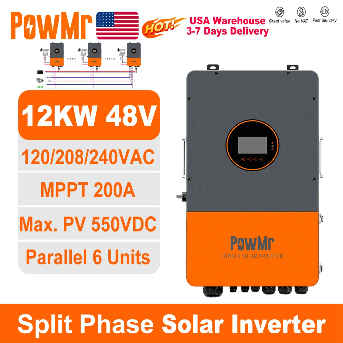 PowMr US 12KW 48V سبليت المرحلة العاكس للطاقة الشمسية 120Vac/208Vac/240Vac الناتج بناء في وحدة تحكم MPPT 200A ومدخل WI-FI Max PV 550Vdc