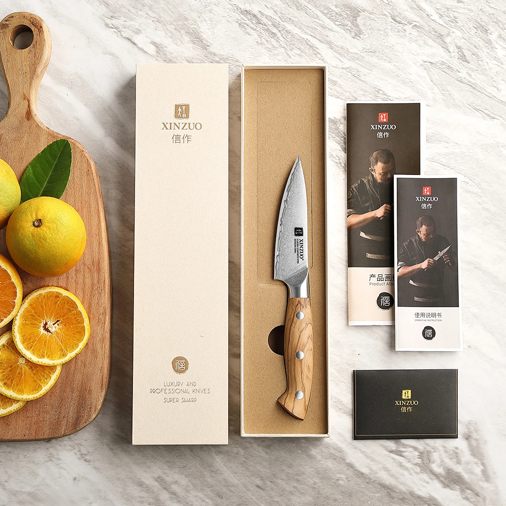 XINZUO New Design 4.3'' inch Paring Knife 3 Layers Composite Steel Blade Core Hardness 60±2HRC With An Eco-friendly Gift Box