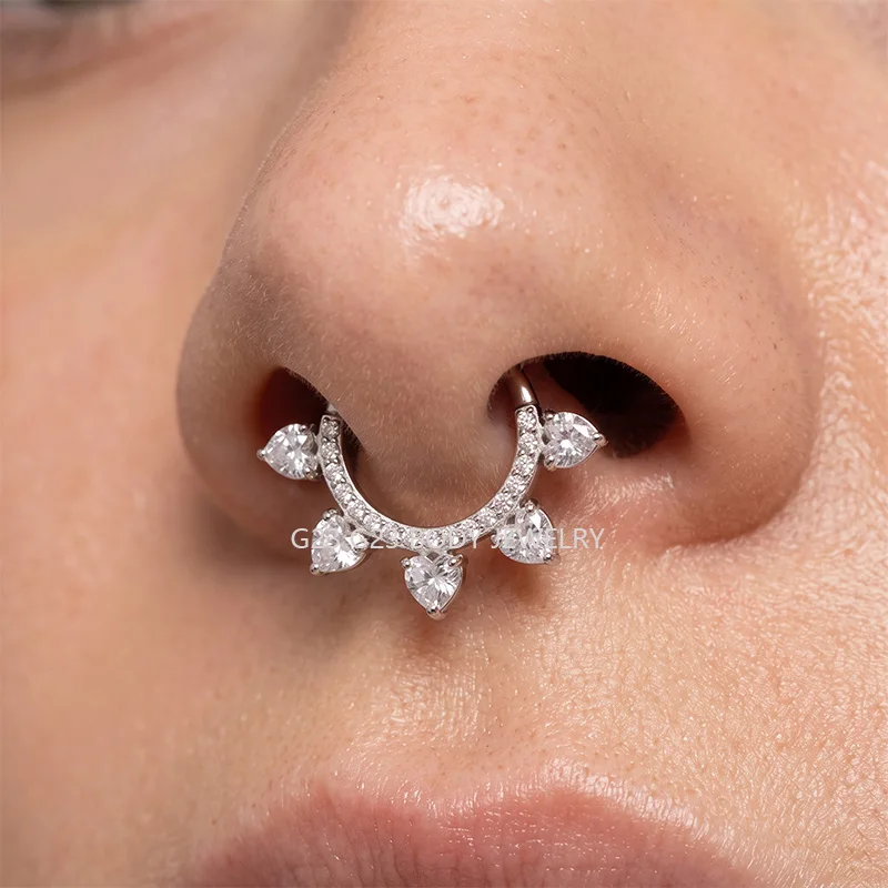ASTM F136 Titanium EAR PIERC Nose Ring Teeth Tip CZ Ring Hoop Nose Rings Hinged Clicker Earring Ring factory Body Piercing