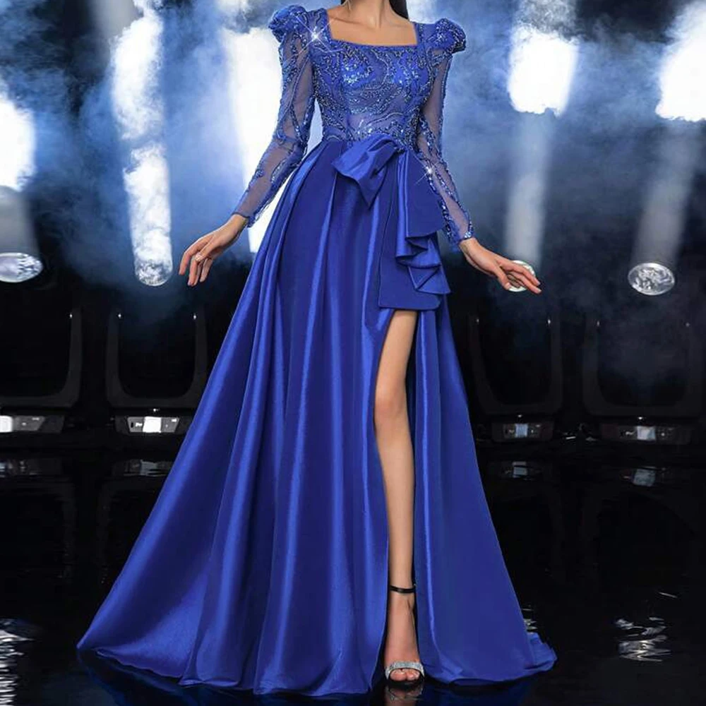 

Customized A-line Evening Dresses Floor-length Square Collar Full Sleeve Prom Gown Fashion Sequined Simple Draped Party Gown