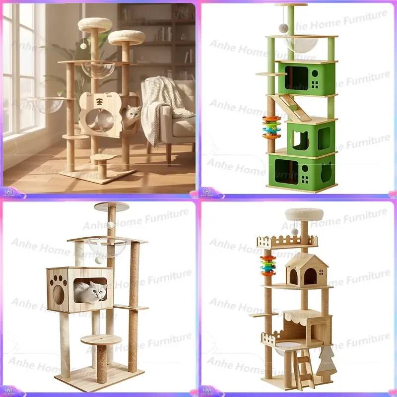 Wooden Cat Tree with Integrated Cat Nest Jumping Platform Space Capsule Silent Treadmill Multi Functional Scratching Post for