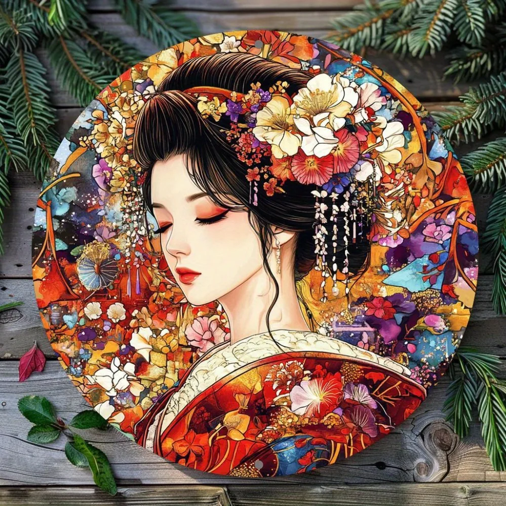Vintage Floral Geisha Round Metal Tin Sign, Retro Japanese Ukiyo-e Style Wall Decor Tin Plaque, Colorful Oriental Art Poster for