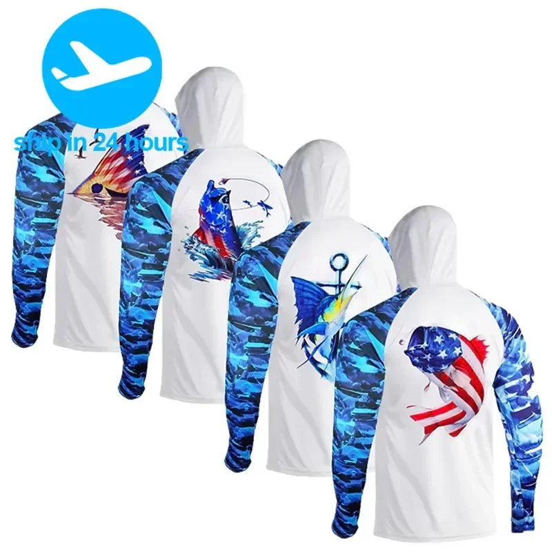 Fishing Shirts Camouflage Sun Protection Breathable Fishing Clothing Men Moisture Wicking Quick Dry Fishing Hooded Mask Tops