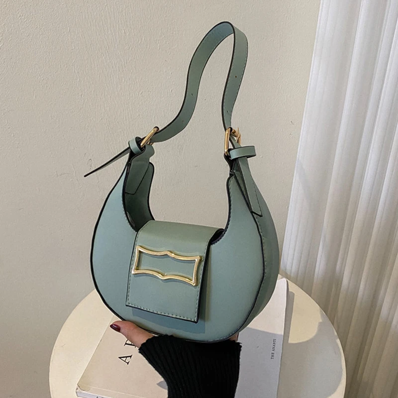 

Flap Half-moon Handbag for Women PU Leather Shoulder Bag Solid Color Crescent Bag Fashion Lady Underarm Handbag and Purse Hobos