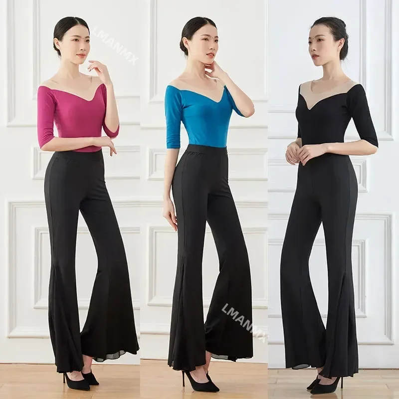 New Latin Dance Practice Clothes Women Jumpsuit Mesh Black Body Suit Models Catwalk Training Clothes with Hidden Button