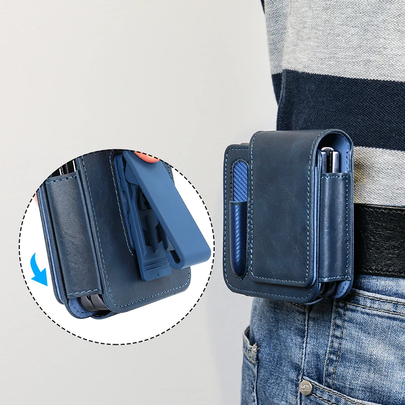 

PU Leather Flip Mobile Phone Belt Bag Waist Bag for Samsung Galaxy Z Flip 6 5 4 3 2 1 With Pen Holder, Magnetic Closure, Blue