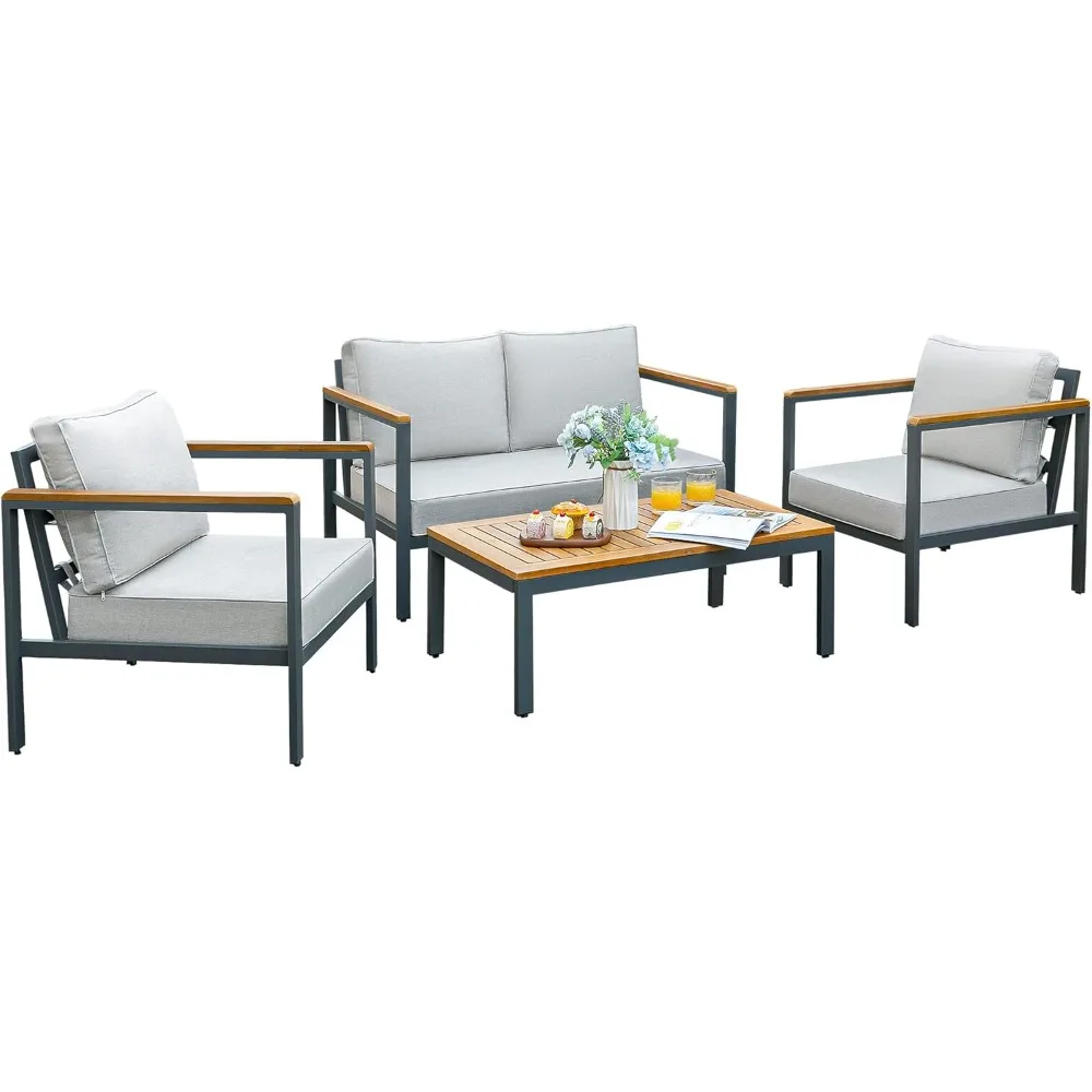 4 조각 파티오 가구 세트 야외 대화 세트 아카시아 나무 소파 세트 커피 테이블 두꺼운 스폰지 쿠션