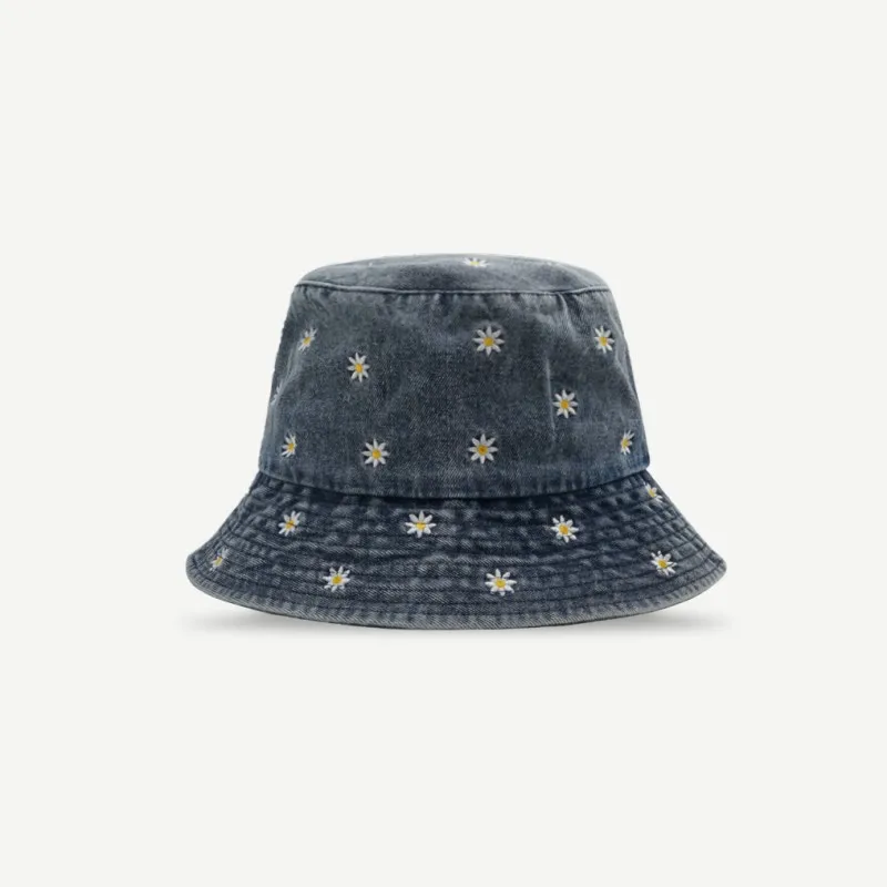 Denim Bucket Hat Women Washed Daisy Embroidered Fisherman Cap Vintage Summer Hats For Women Hip Hop Travel Casual Sun Hat New