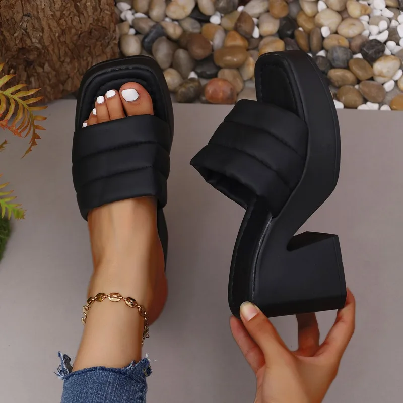 Zapatillas con cabeza cuadrada y tacón grueso para mujer, prendas de vestir de verano, sandalias a rayas de tacón alto, novedad de 2024