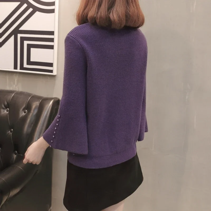 

Pullovers Women V-neck Simple Korean Style Solid Flare Sleeve Casual All-match Females Fashionable Clothing Vintage Elegant Chic