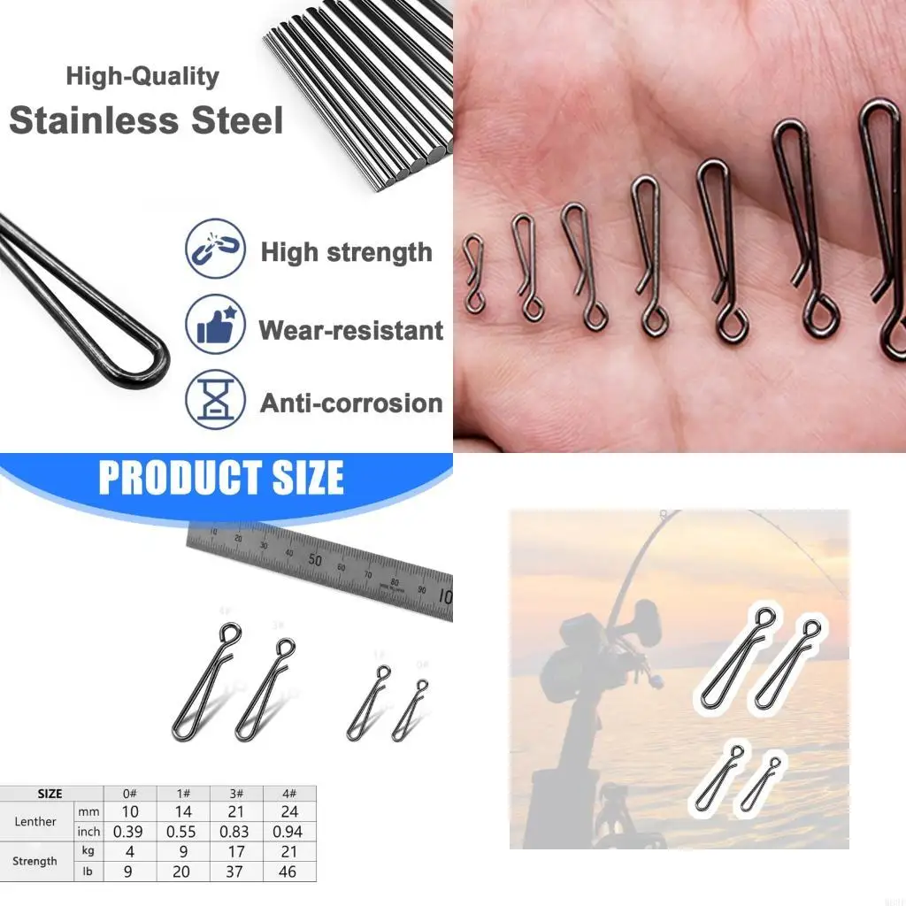 200pcs الصيد المفاجئة الارتباط مقطع إطلاق سريع المقاوم المقاوم المقاوم للصدأ للذوبان الاصطناعية معدات الصيد 4 مختلفة الحجم w89f