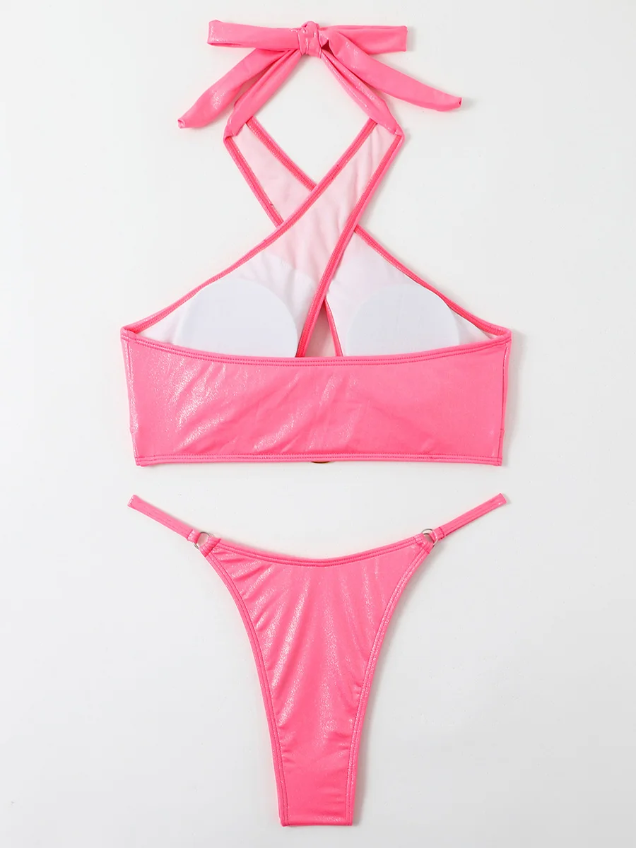 Maillot de bain deux pièces pour femmes, sexy, brillant, échancré, amissié, bikini, en métal, baigneur