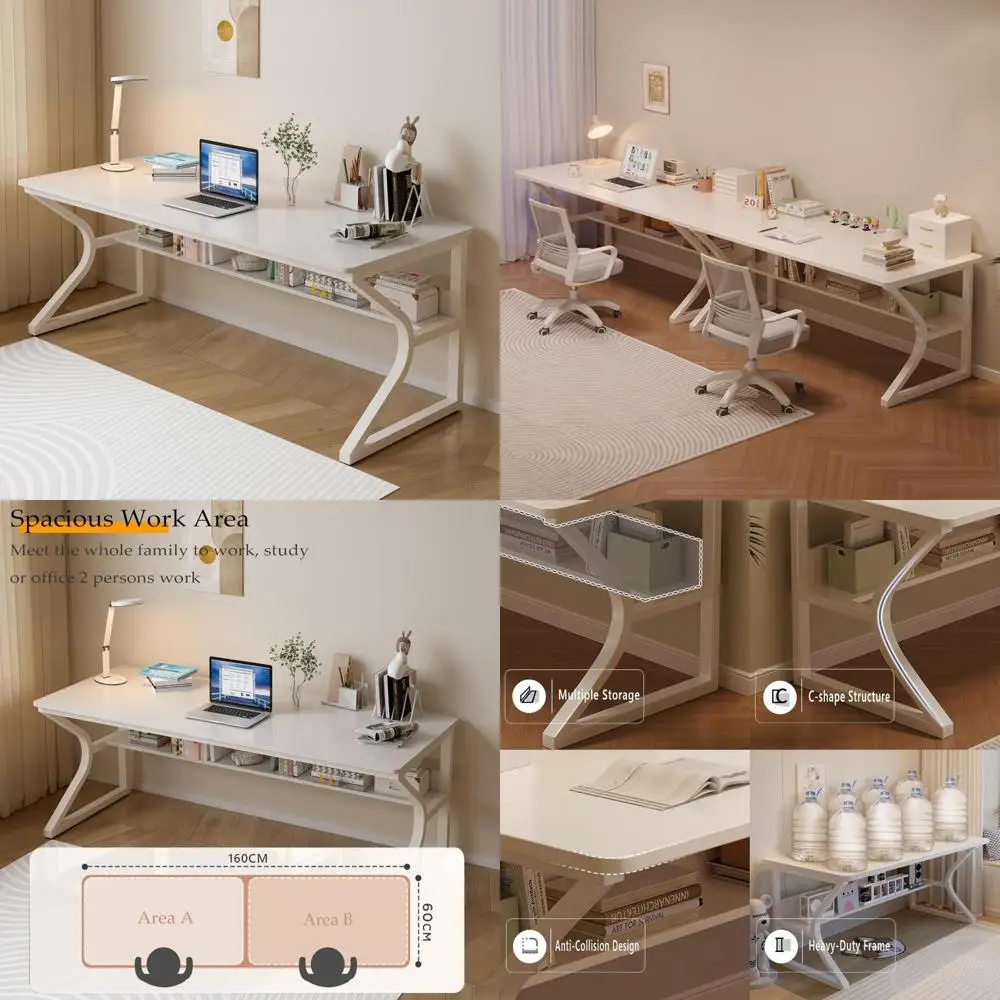 

Ergonomic 63-inch Shared Office Desk with Built-in Bookshelf for Dual-Person Study and Home Computer Workstation