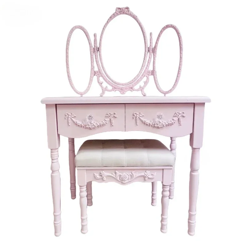 YFrench vintage solid wood dresser small apartment pink princess style desk