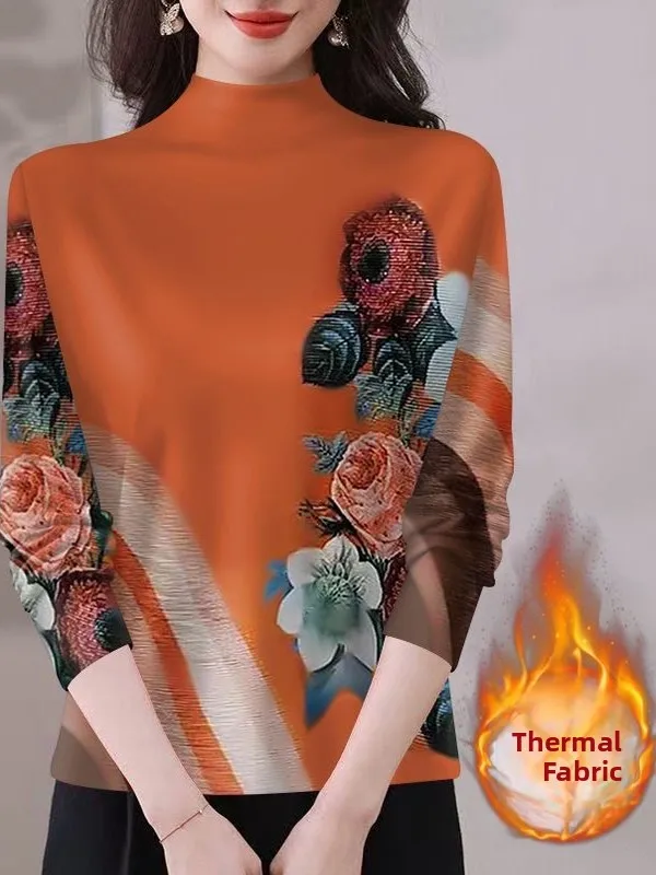 

Warm Thermal Mommy Style Top for Middle-Aged Women Long Sleeve Floral Print Half High Collar Polyester Fiber Casual Slim Fit