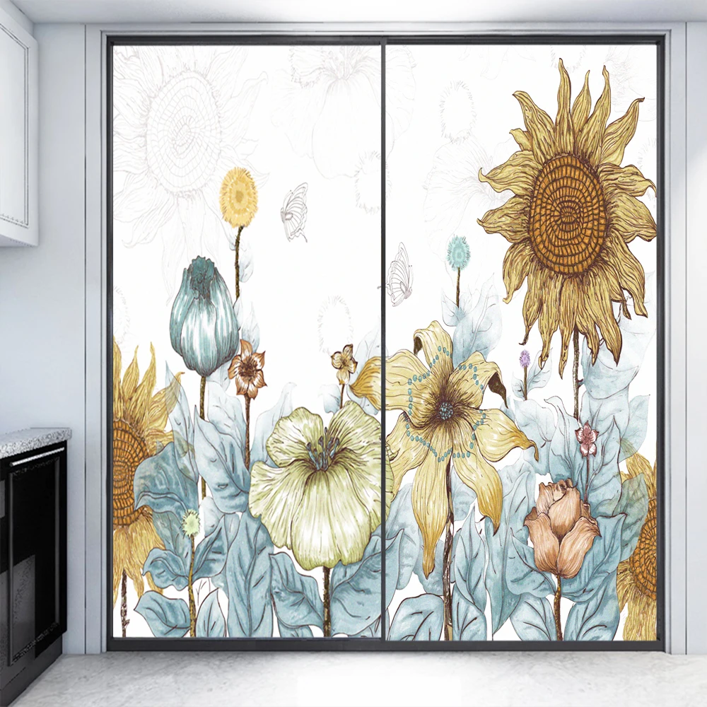 Static Cling Privacy Window Film Sunflower Decorative Window Stickers Frosted Window Films Customized Size Window Coverings