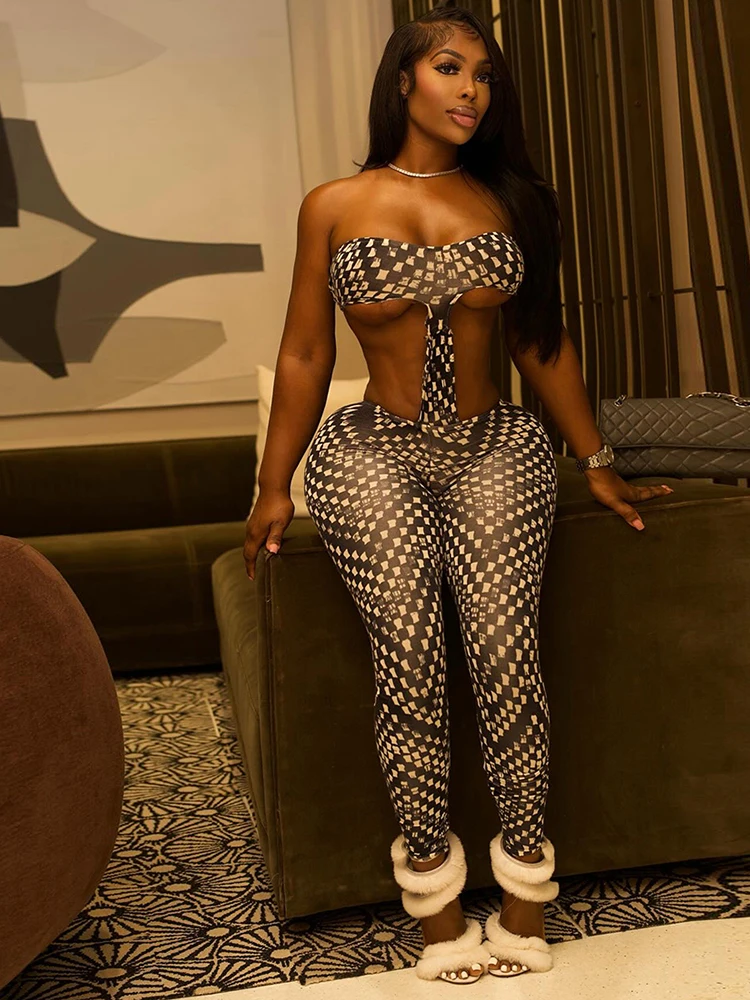 이상한 디자인의 허리 없는 스트랩 없는 점프수트 여성 섹시 코켓 미드나잇 운동복 힙스터 스트레치 모자이크 프린트 클럽웨어 슬림 오버올
