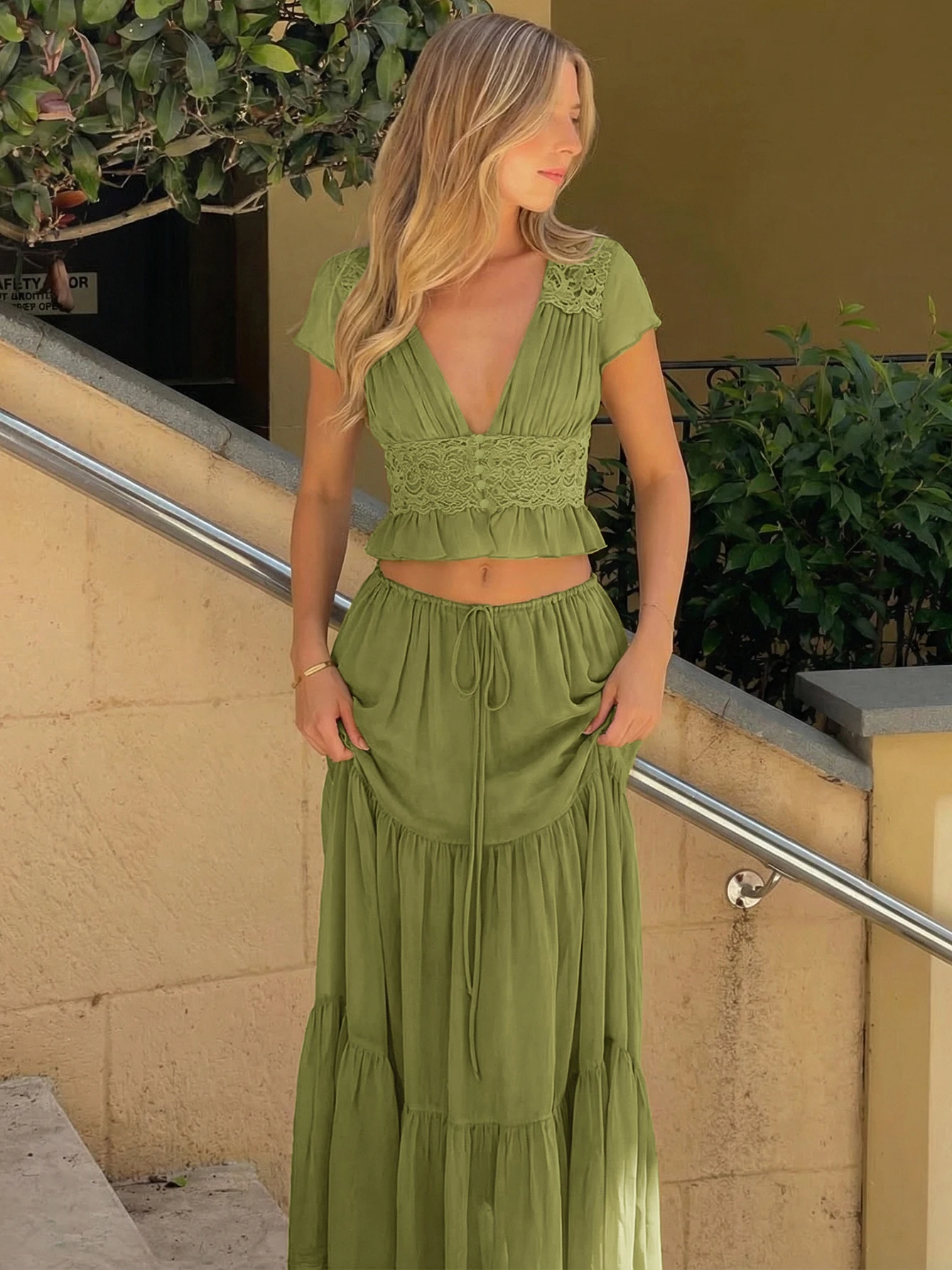 Dulzura Women Solid Sexy Elegant 2 Piece Skirt Set V-Neck Sheer Lace Patchwork Slim Fit Lace Up Chiffon Long Skirt Matching Set view 3