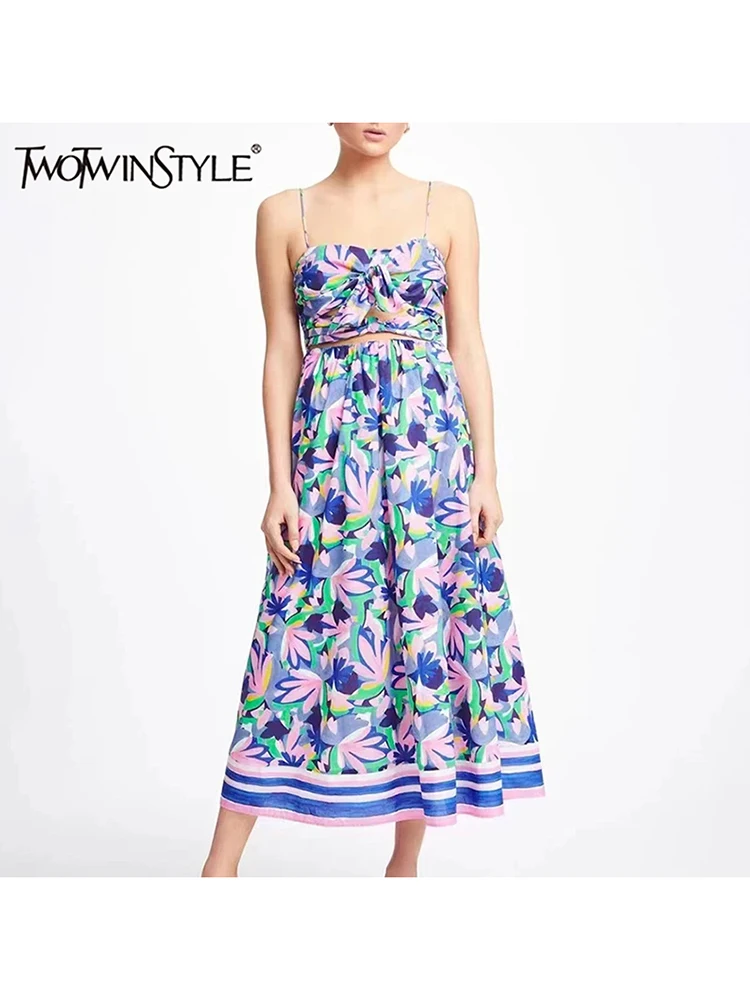 TWOTWINSTYLE Hit Color Print Dresses For Women Square Collar Sleeveless High Waist Backless Summer Dress Female Fashion Style