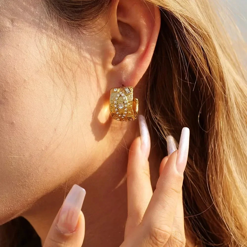 Shiny Stainless Steel CZ Zircon Circle Hoop Earrings for Women Luxury Geometric Gold Color Round Earring Statement Jewelry Gifts