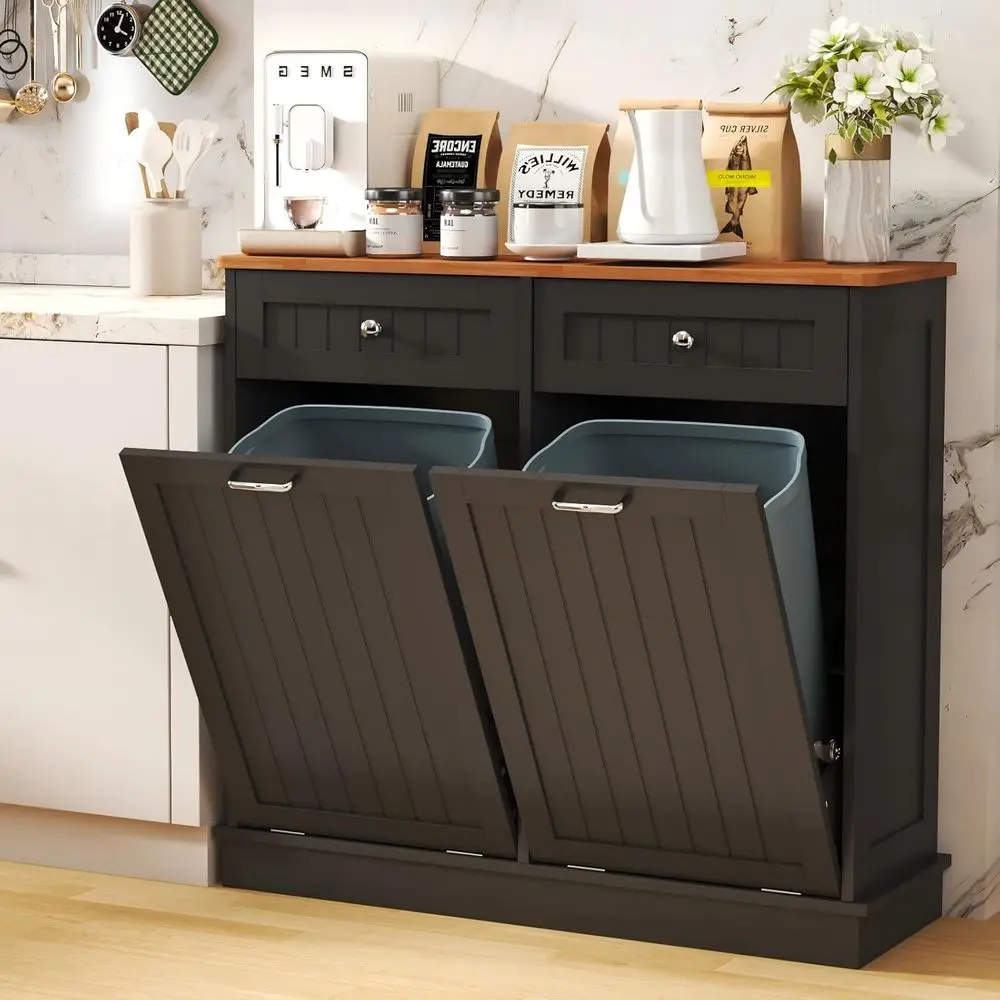 

Out Trash Can Cabinet Dog Proo with Double Wood Hidden Trash Can Holder, Kitchen ree Standing Recycling Cabinet（Black）