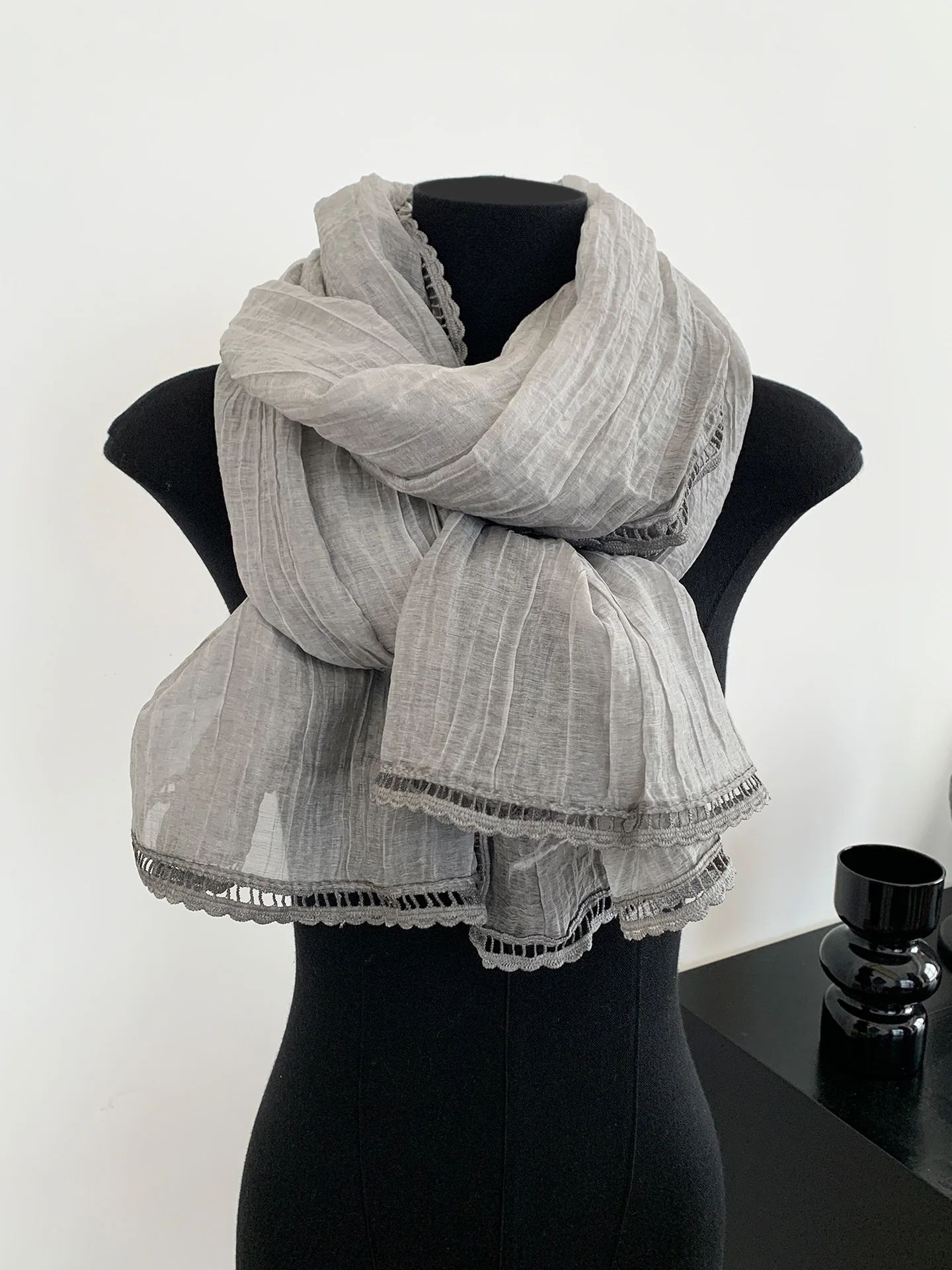 Korean Style Simple Pure Color Pleated Lace Trim Scarf Women's Artistic Atmosphere Neck Protection Scarf Shawl Shoulder Wrap