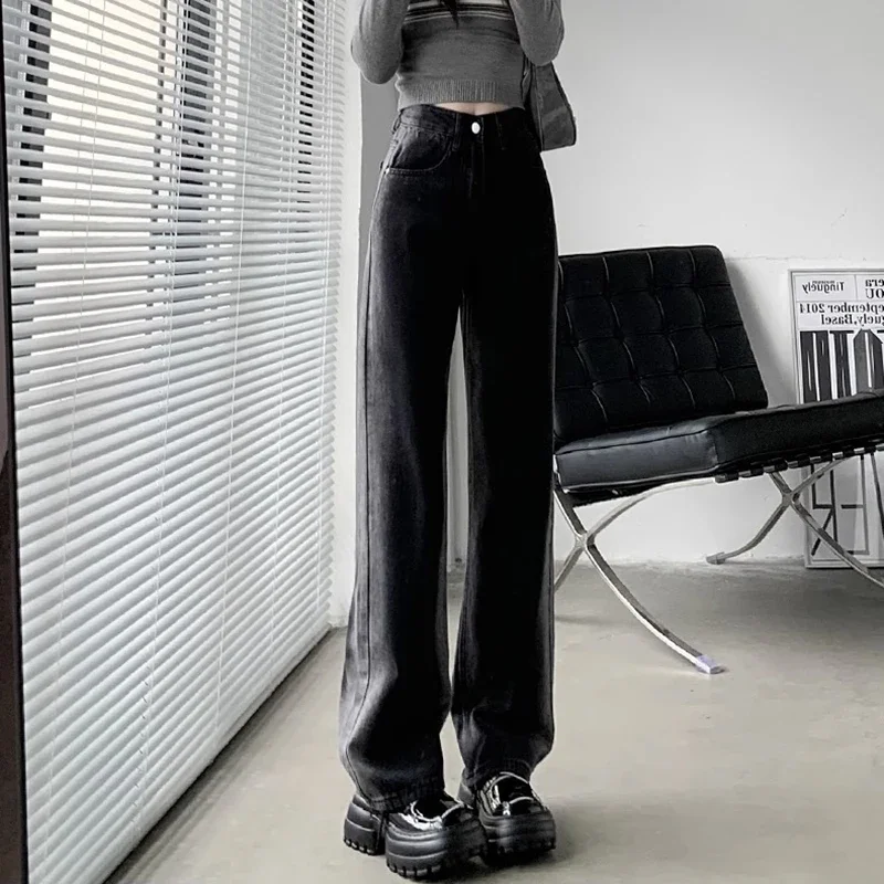 Woman New High Waist Baggy Straight Leg Jeans Female Harajuku Wide Leg Pants Girls Gothic Y2k Black White Denim Stacked Trousers