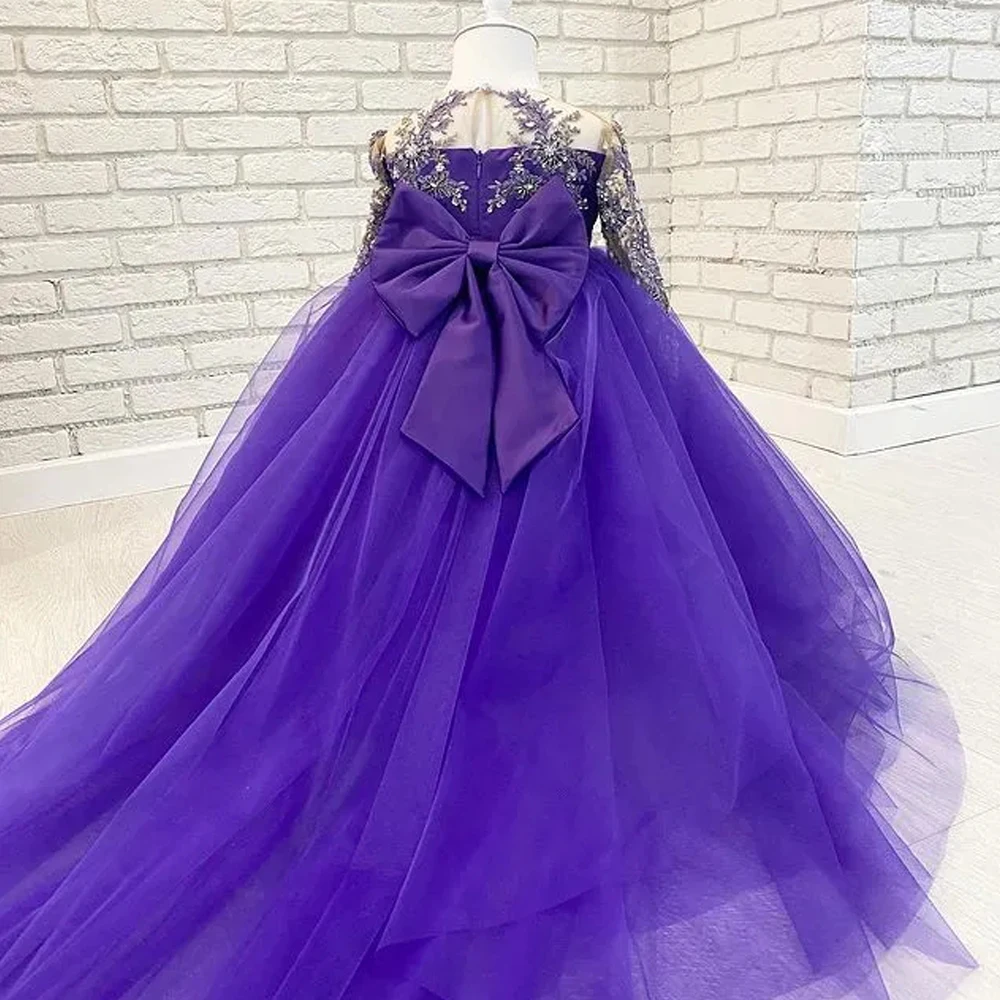 Purple Ball Gown Flower Girls Dresses Lace Appliques Beaded Long Sleeve Kid Birthday Party Gown Bow Tie Tulle Infant Prom Dress