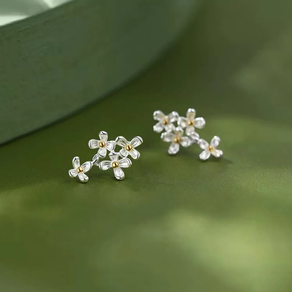 925 Silver Needle Flower Plant Bead Screw Stud Earrings For Women Party Classic Fine Jewelry Light Luxury Plant Accessories