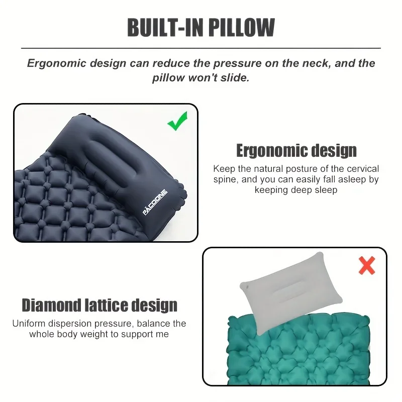 Inflatable Sleeping Pad With Diamond-Shaped Pillow, Durable TPU Air Mattress, Comfortable & Portable For Outdoor Camping