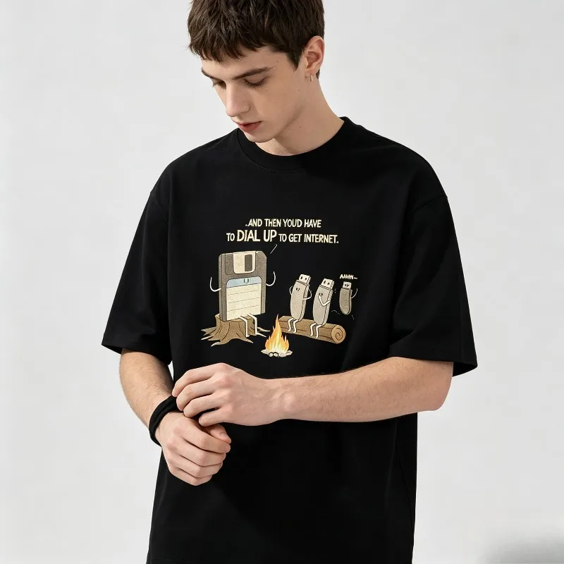 Summer Casual Short Sleeve Tshirt AND THEN YOU'D HAVE TO DIAL UP TO GET INTERNET Vintage Floppy Disk USB Campfire Cartoon