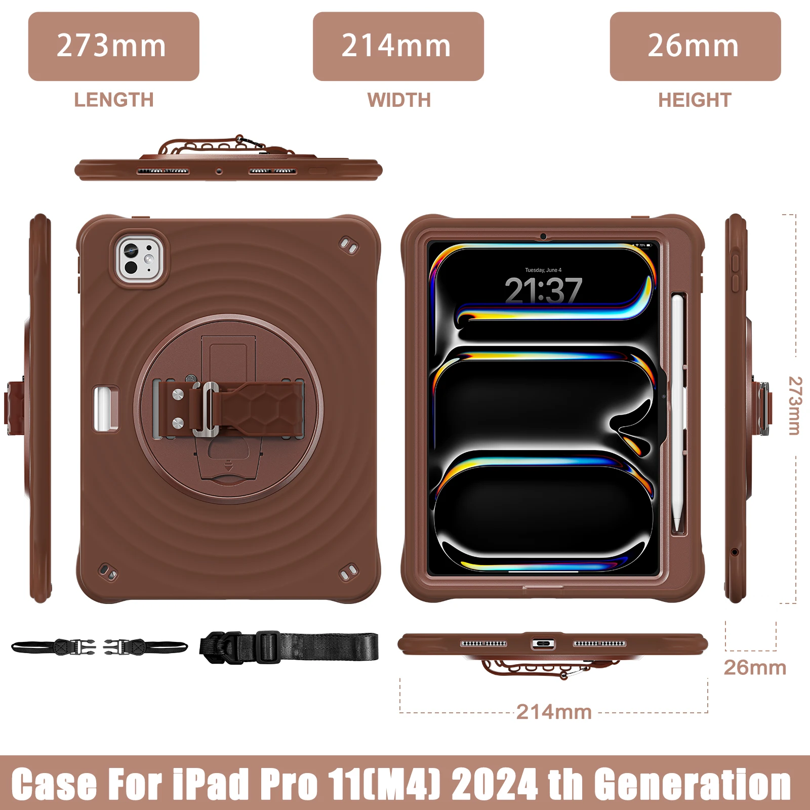 

Чехол для iPad Pro 11 2025 M5 и 2024 M4 11 дюймов, деловой стиль, вращающееся на 360 градусов кольцо для рук, подставка, чехлы для планшетов, чехол + ремешок