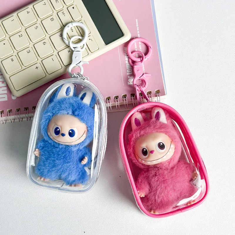 ل Labubu V4 حافظة حماية ملونة شفافة إكسسوارات دمي صندوق منظم حقيبة عرض دمية قطيفة في الهواء الطلق مع سلسلة مفاتيح