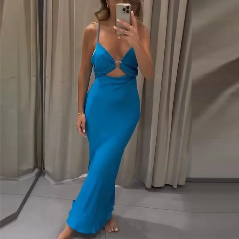 Traf Slip aus geschnitten langes Kleid Frauen rücken frei Midi Kleid Frau geraffte sexy Abend party Kleider Sommer ärmellose Urlaubs kleider