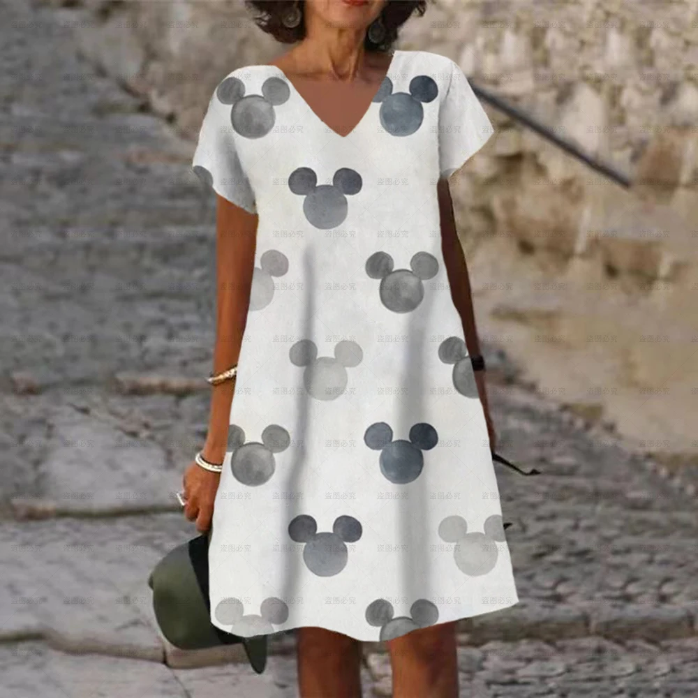 Knee Length V Neck Loosen Vintage Disney Minnie Mickey Mouse Dress 2024 Summer Elegant Women\'s Floral Printed Painting Dresses