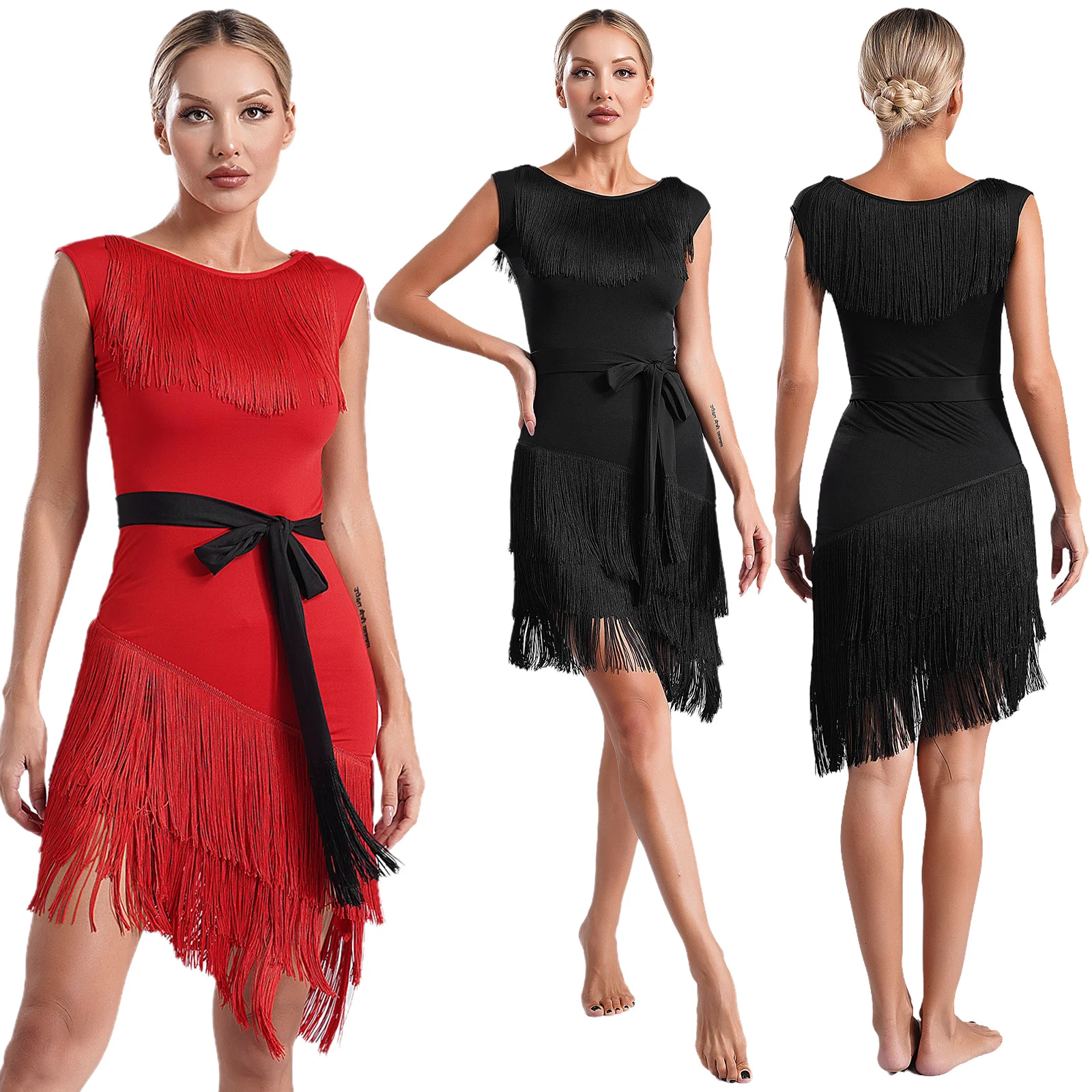 Women Elegant Latin Dance Performance Costume Round Neck Sleeveless Asymmetrical Hem Tiered Tassel Dress with Shorts Belt