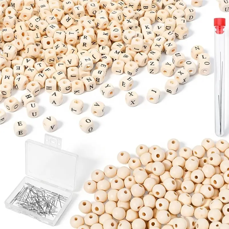 

ALIM-Cube Wood Beads(780 Pcs), 10Mm A-Z Square Alphabet Wood Bead, And 800 Round Wooden Beads- For Jewelry Making And DIY Projec