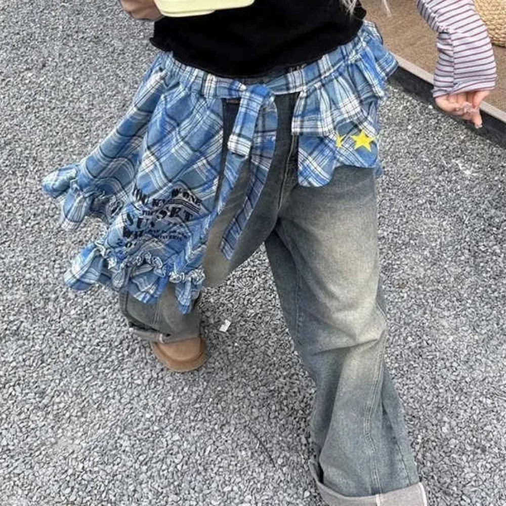

Star Layer Outfits Plaid Skirt Hip-hop Shirt Extender Lace Up Hip Scarf Korean Style Y2K Ruffled Edge Waistband Jeans Decor