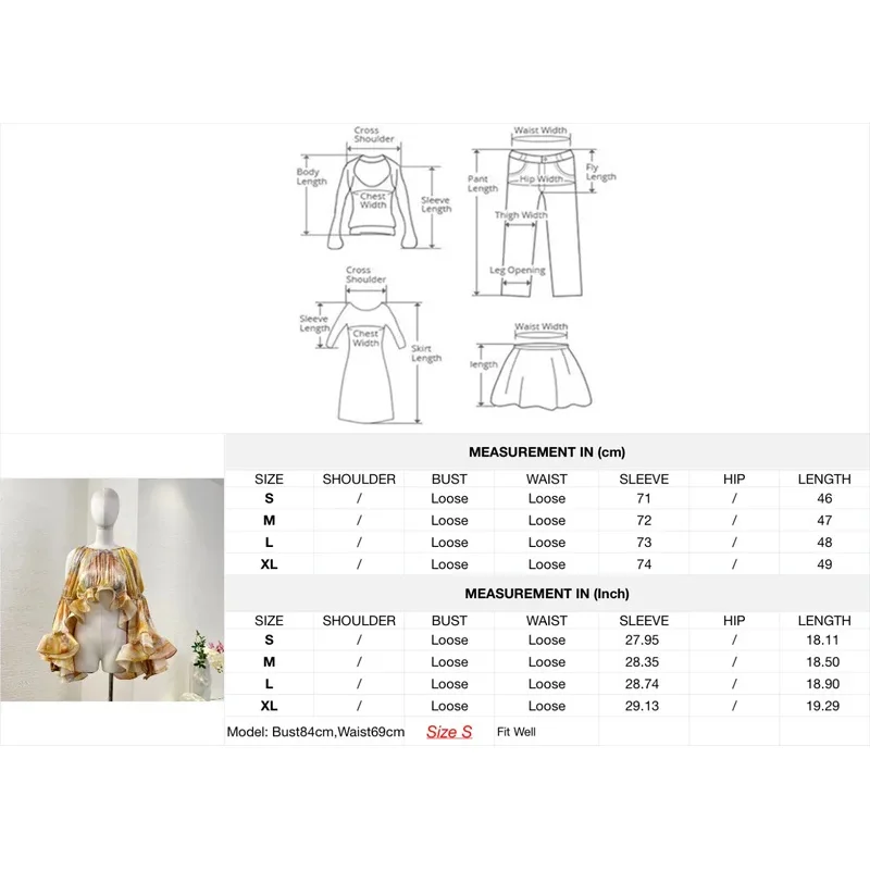 2025 New High Quality Silk Yellow Long Sleeve Floral Print Irregular Ruffles Frilled Blouse Tops And Skirt Set for Holiday