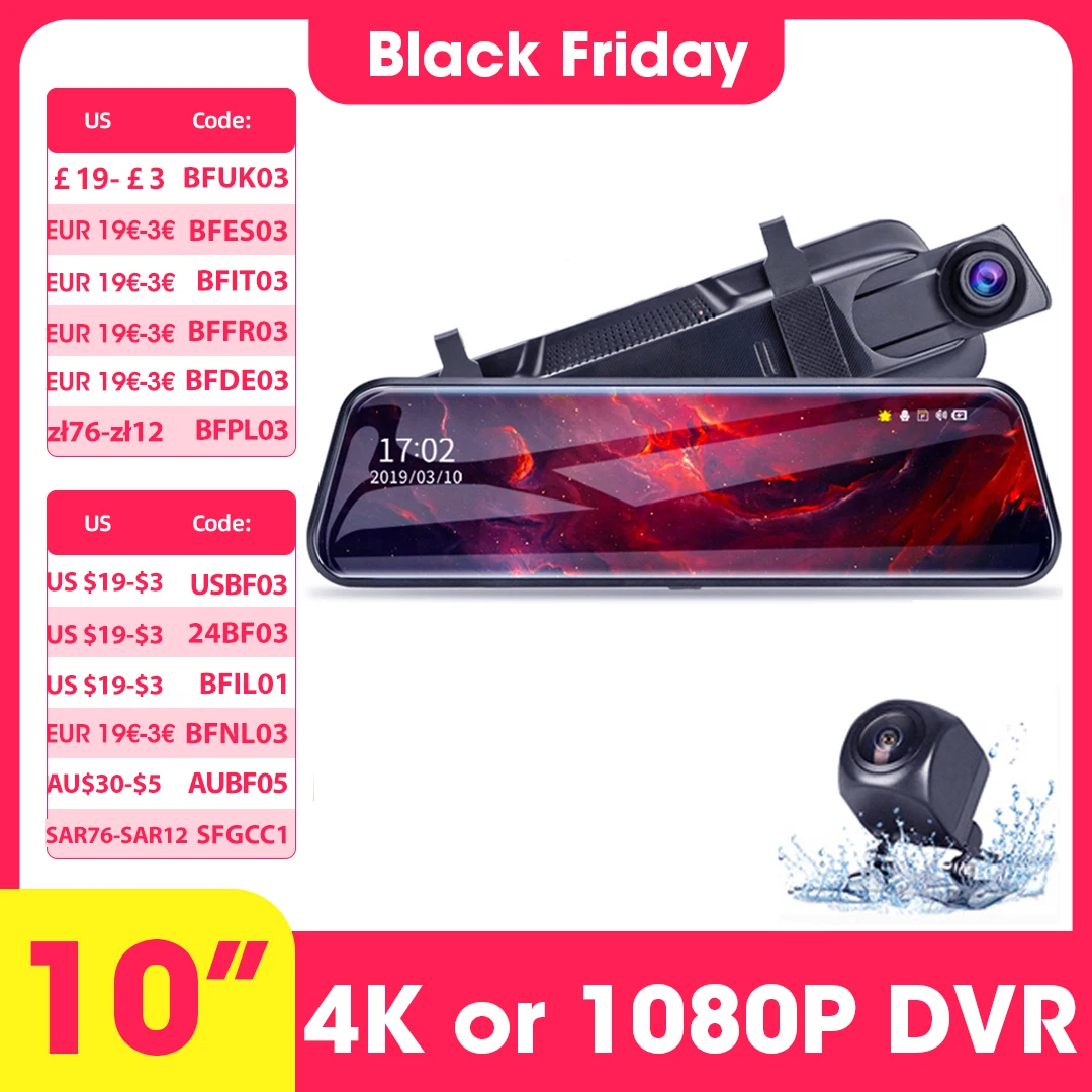 Jansite 10-inch 4K or 1080P Car DVR Front Rear Camera Touch Screen Stream Media Video Recorder Dual Lens Mirror Dashcam 24H Park