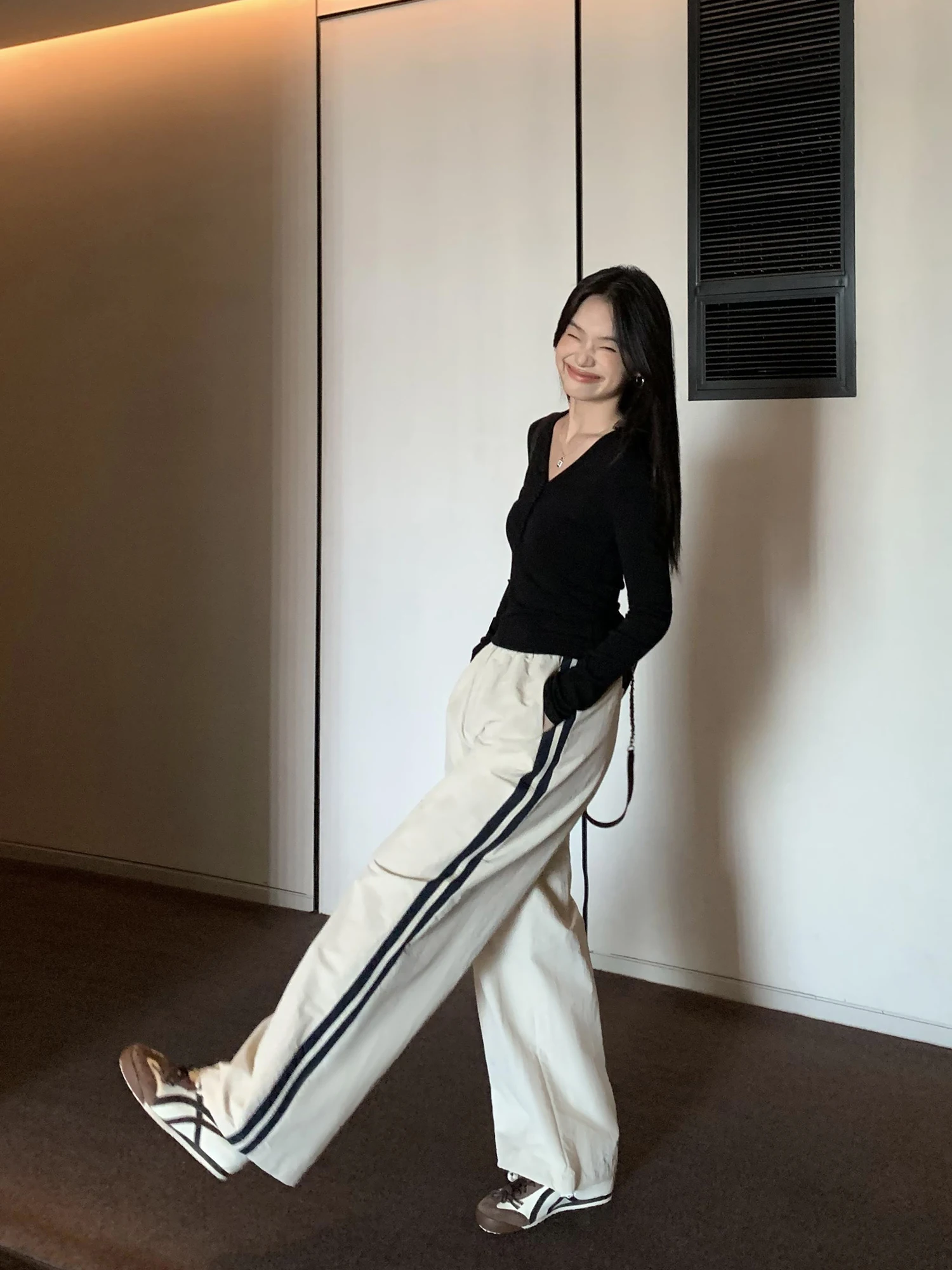 Pusumede American Style Wide Leg Workwear Pants Women Loose Color Block Casual Long Trousers Fashionable All-Match Natural Waist