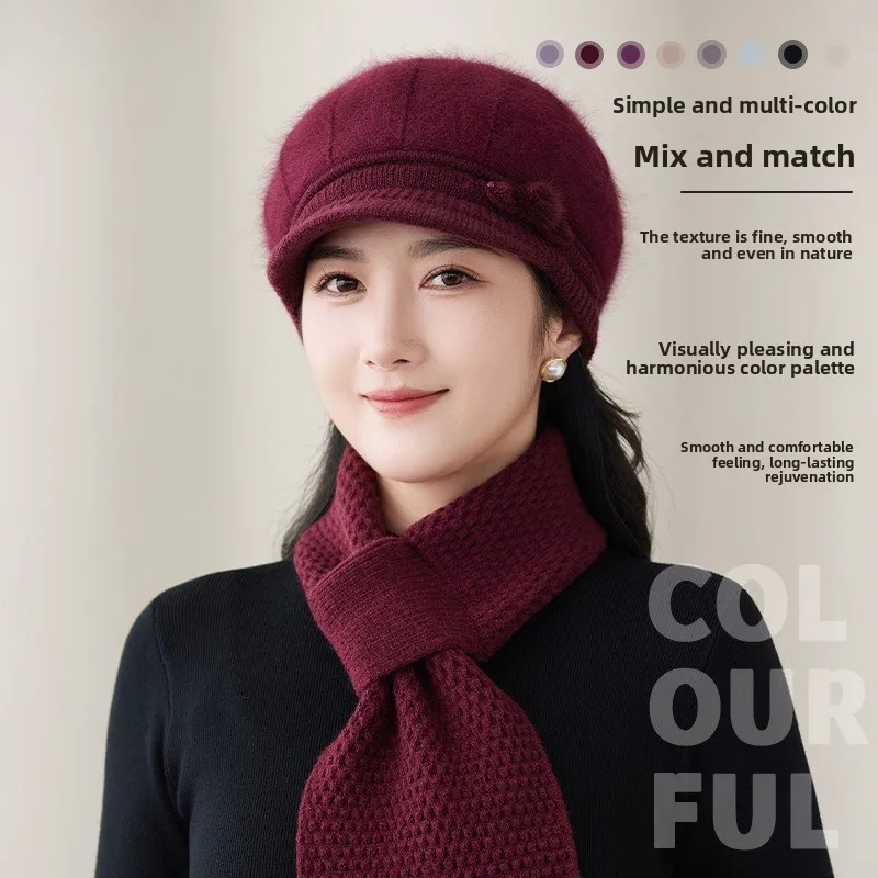 Winter Rabbit Fur Blended Wool Hat Women's Thickened and Velvet Warm Knitted Hat Windproof Duck Tongue Big Head Scarf Set